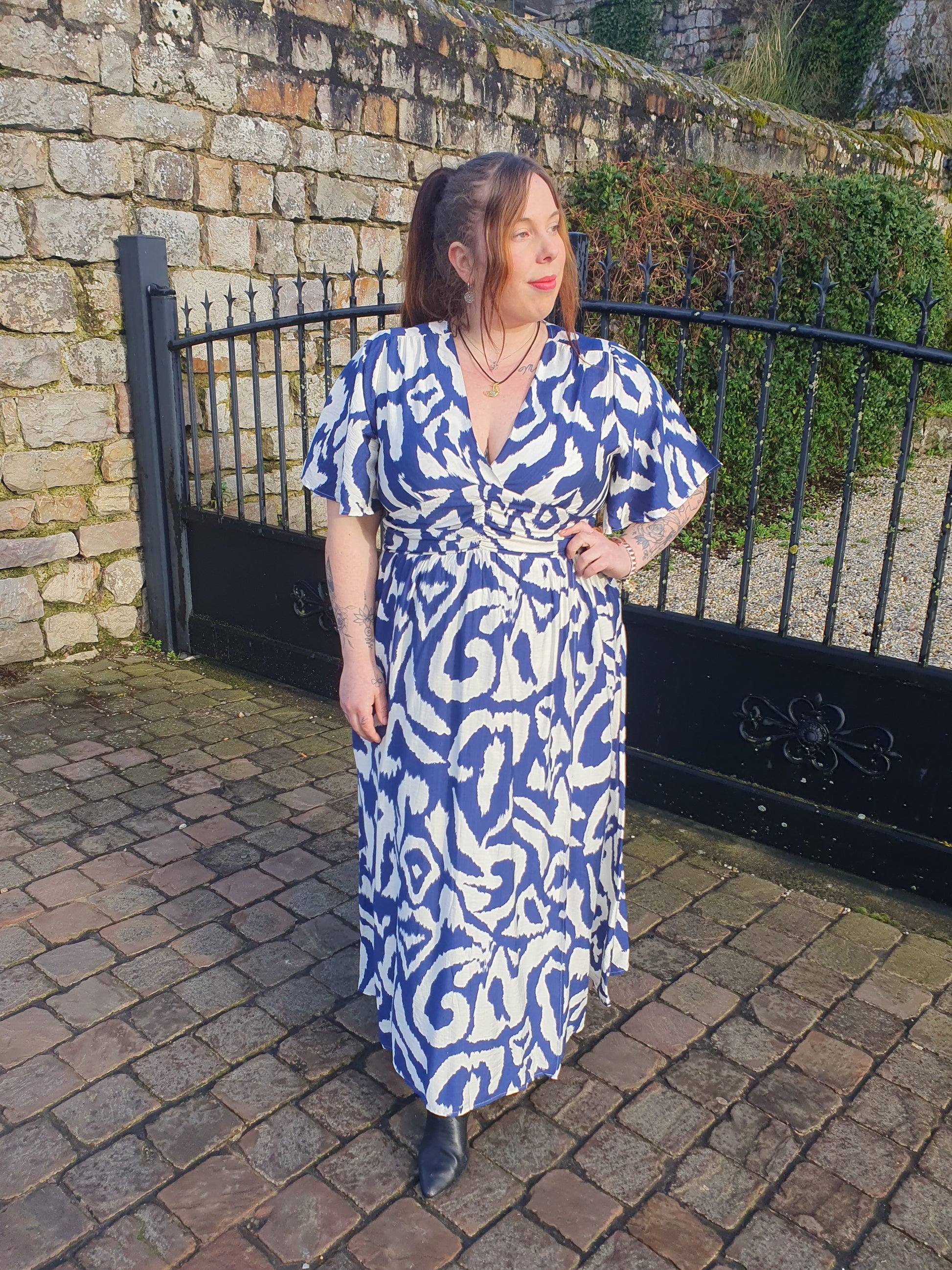 Robe longue effet lin bleu et blanc grande taille curvy