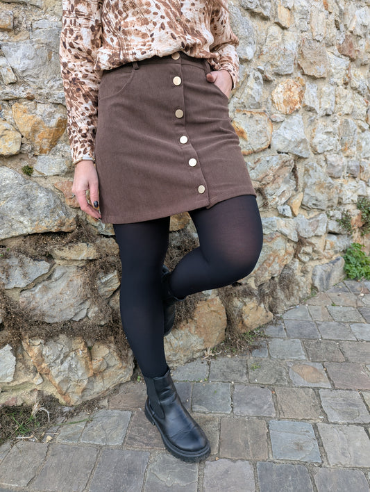 Jupe marron chocolat en velours côtelé avec boutons devant