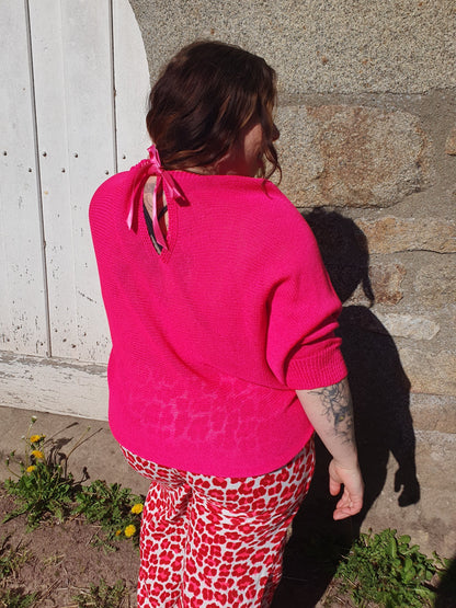Pull ajouré rose fushia manches chauve souris grande taille