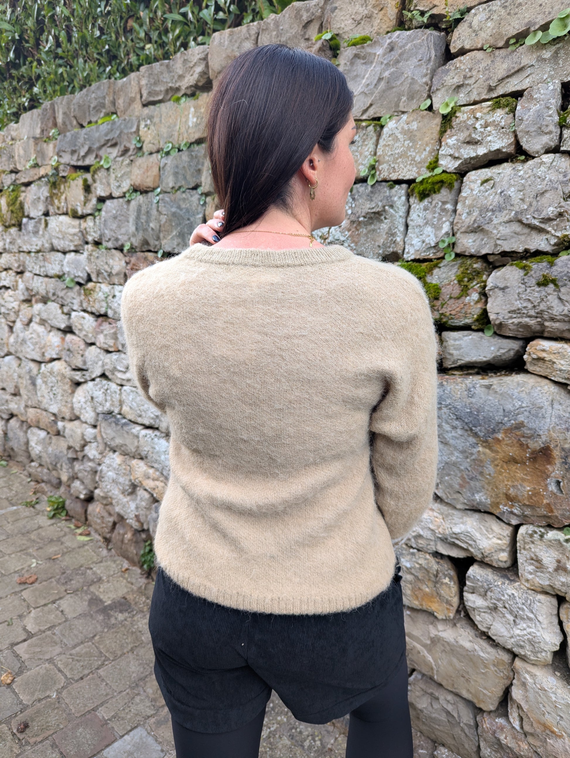 Pull beige camel fleurs sequins dorés col rond