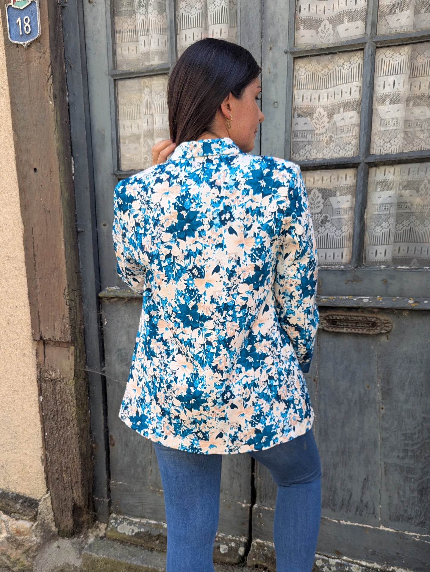 Veste blazer femme imprimé bleu canard et beige