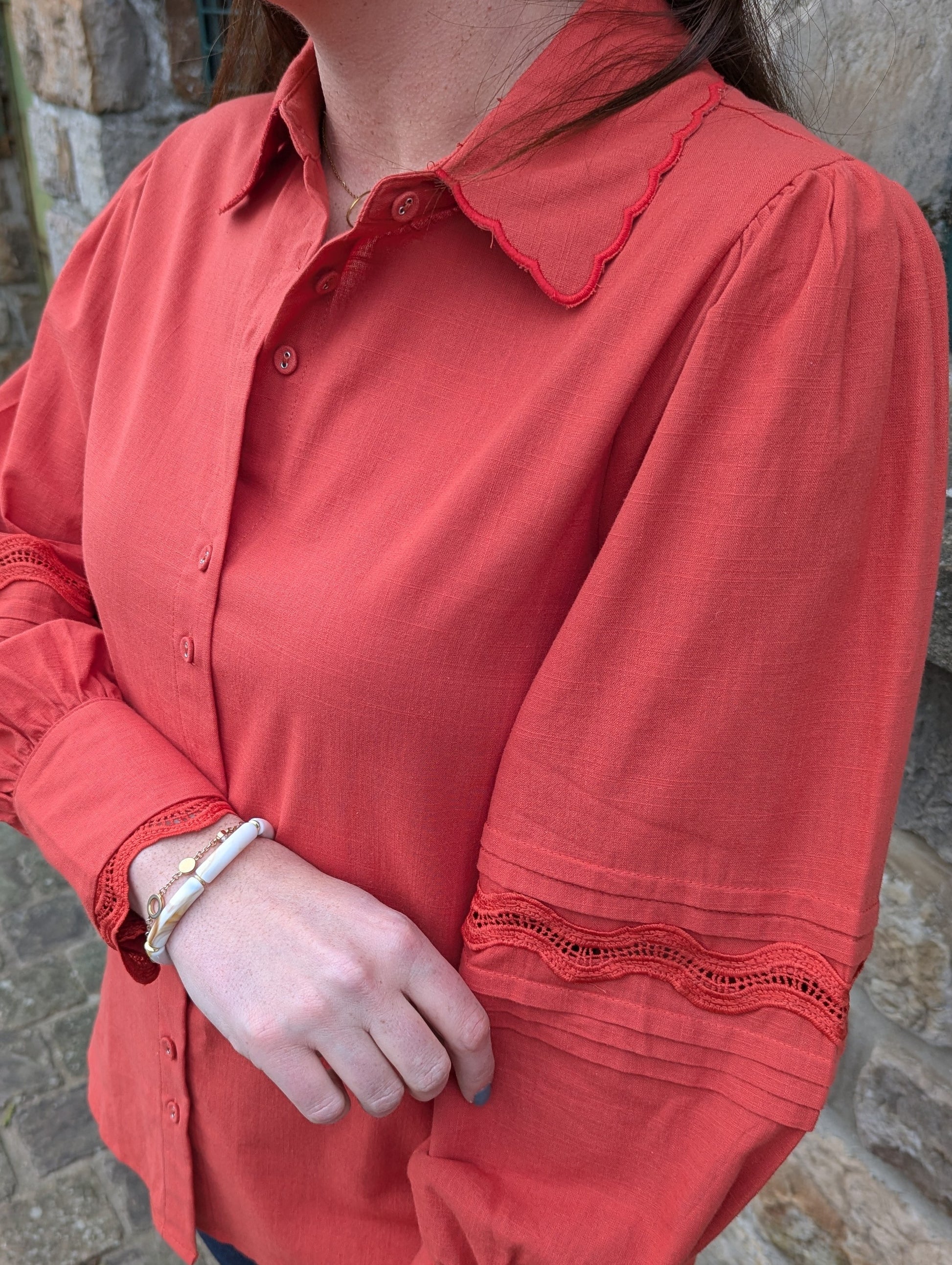 Chemise en coton terracotta avec dentelle femme