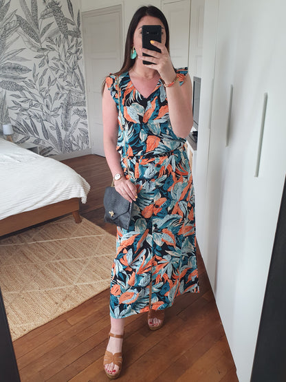 Jupe longue feuilles tropical noir orange vert avec boutons