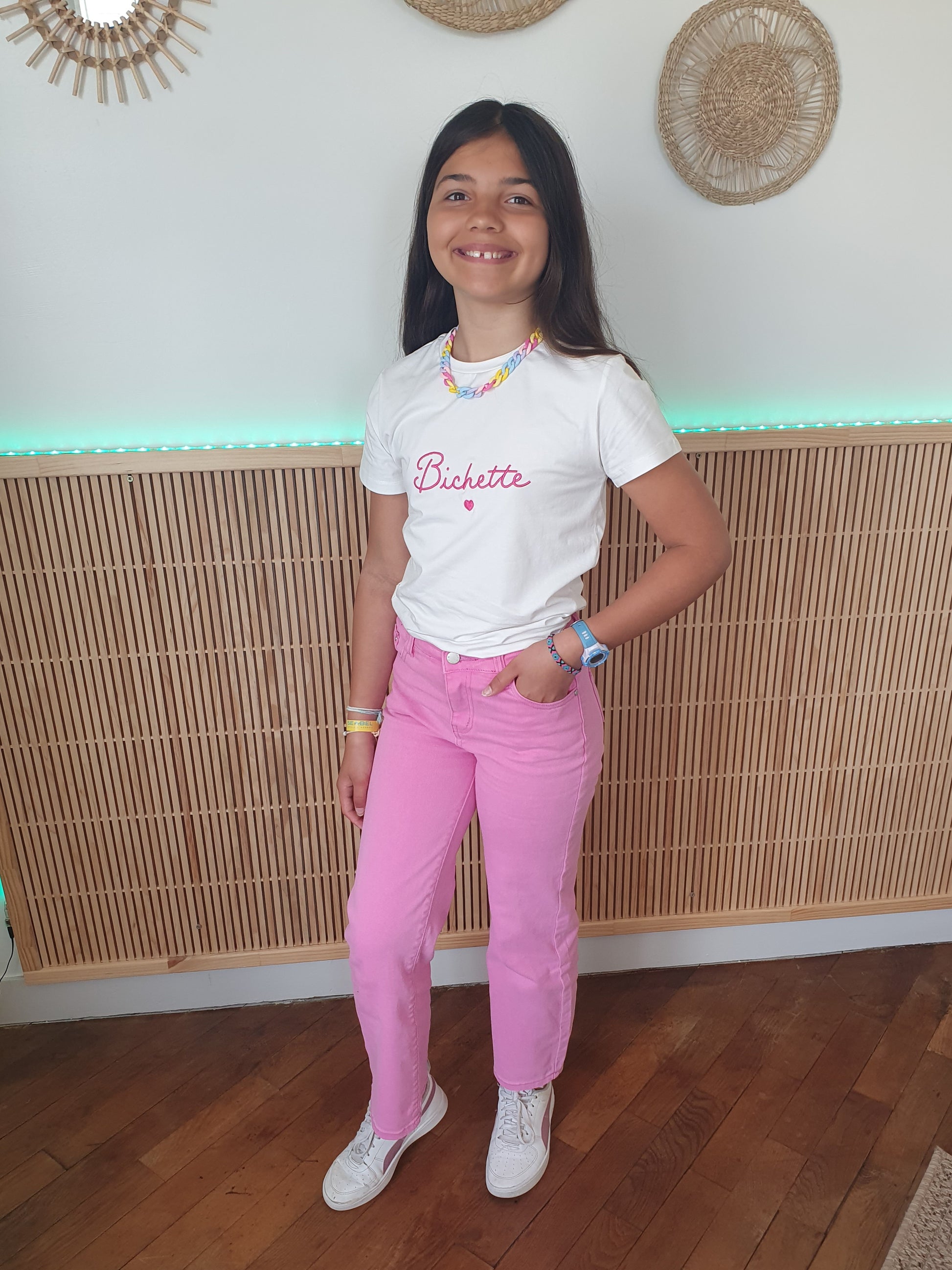 T-shirt Bichette blanc et rose fushia col rond fille