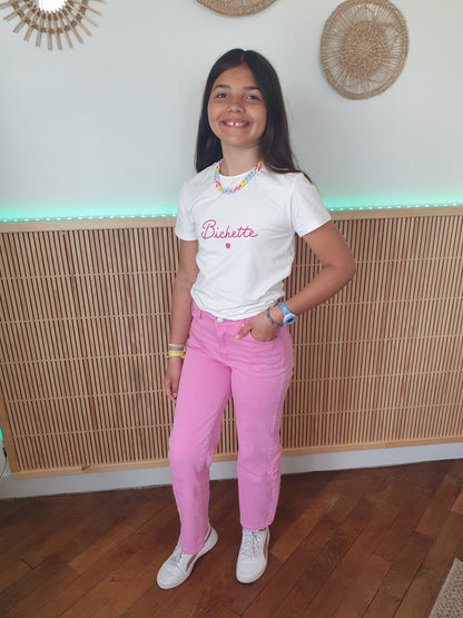 T-shirt Bichette blanc et rose fushia col rond fille