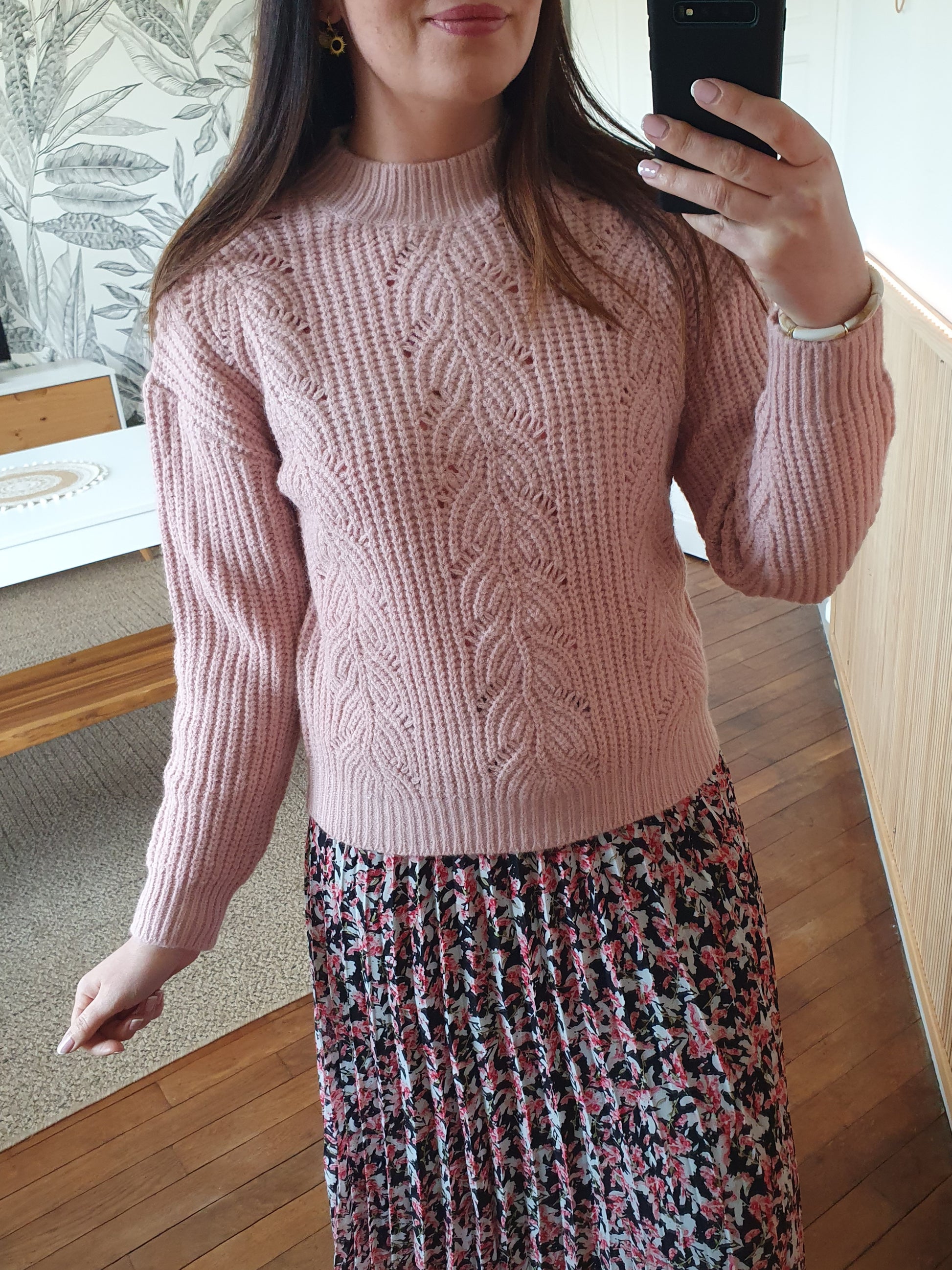 Pull ajouré rose pâle grosses mailles tendance pour femme