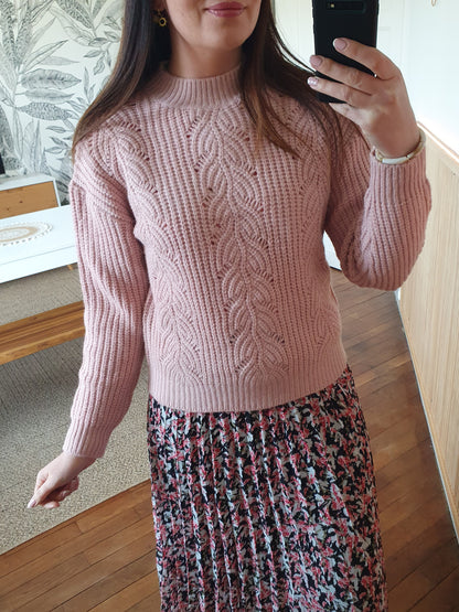 Pull ajouré rose pâle grosses mailles tendance pour femme
