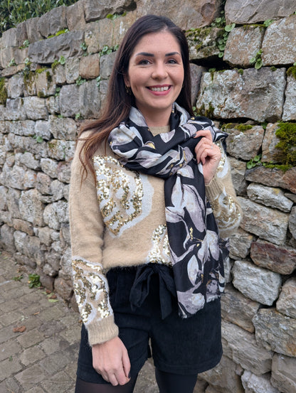 Foulard marbre noir gris beige doré paillettes
