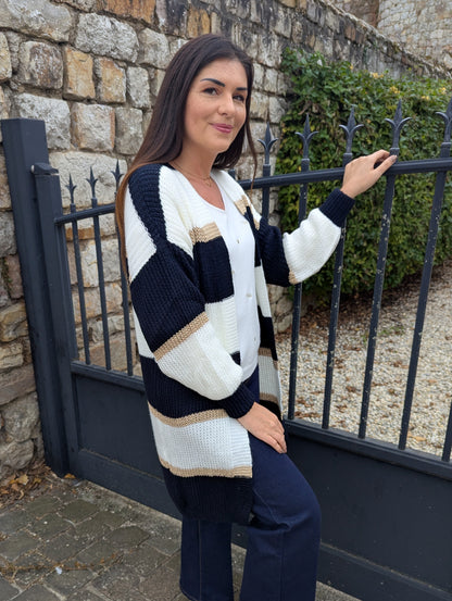 Gilet long bleu marine blanc doré rayures femme