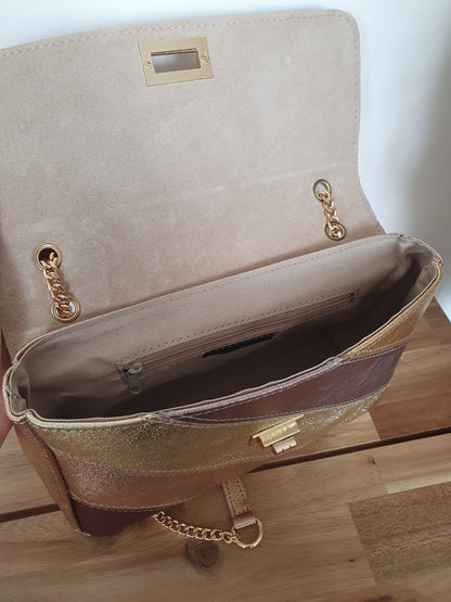 Sac en cuir italien doré cuivré bronze avec bandoulière doré