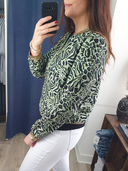 Bomber femme kaki et noir motif panthère détails dorés