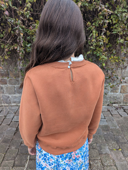 Sweat camel avec col dentelle blanche pour fille