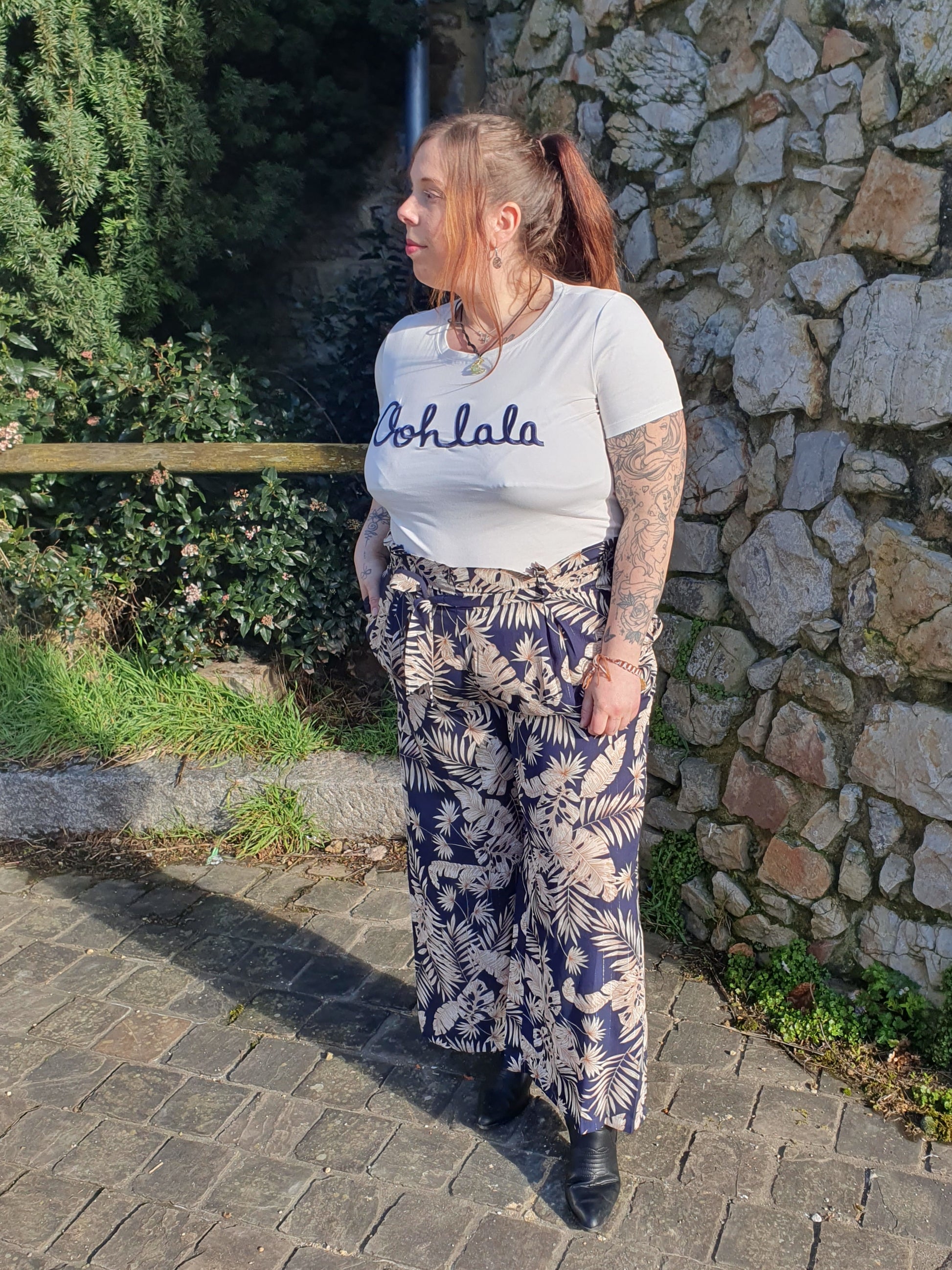 Pantalon fluide femme grande taille motif tropical marine