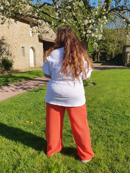 Pantalon gaze de coton couleur corail grande taille curvy