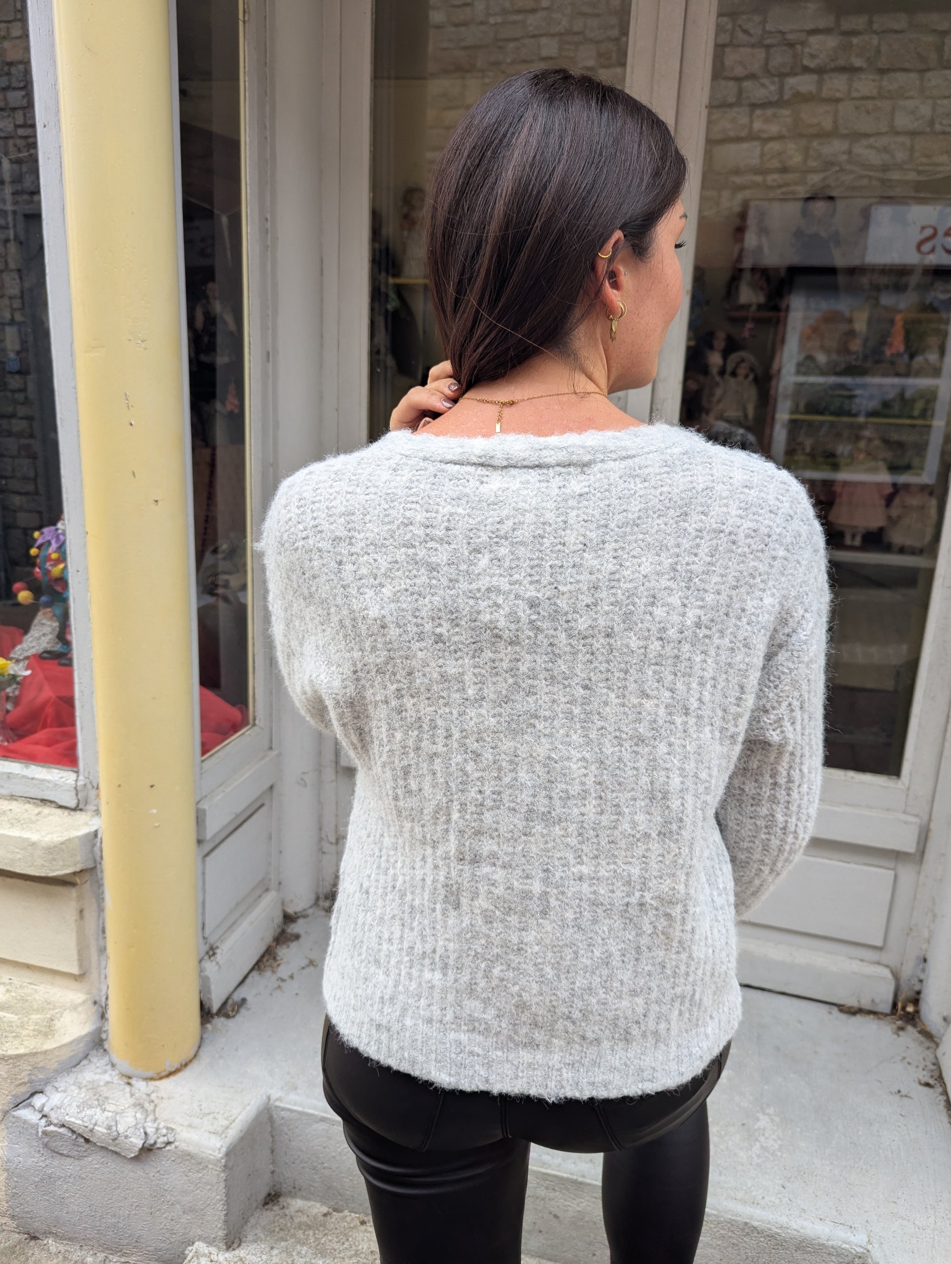 Gilet cardigan gilet femme gris et sequins argentés