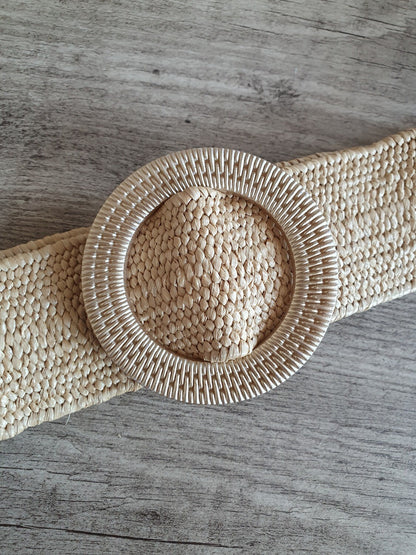 Ceinture élastique paille beige taille unique boucle dorée