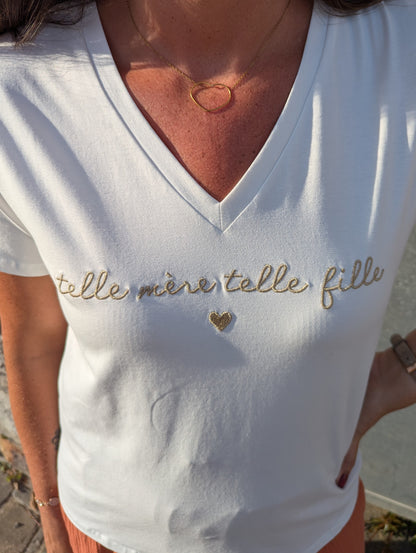 T-shirt telle mère telle fille blanc et doré col en v