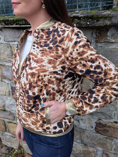 Bomber femme motif panthère marron avec détails dorés