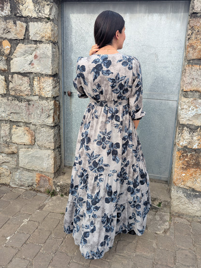 Robe longue feuilles gris beige automne hiver femme