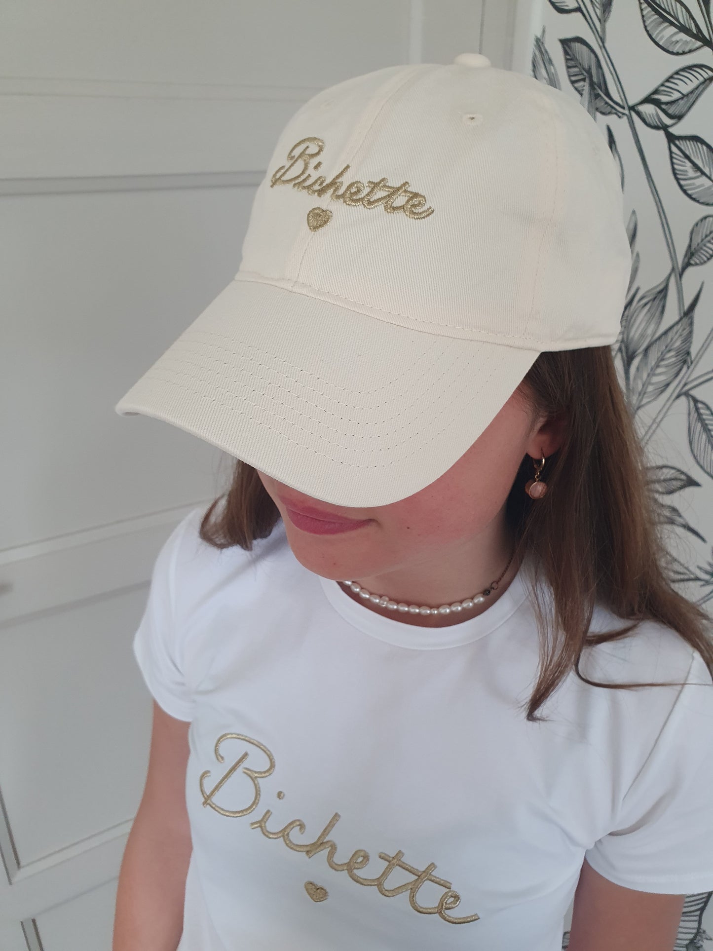 Casquette femme fille beige et doré coeur bichette