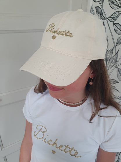 Casquette femme fille beige et doré coeur bichette