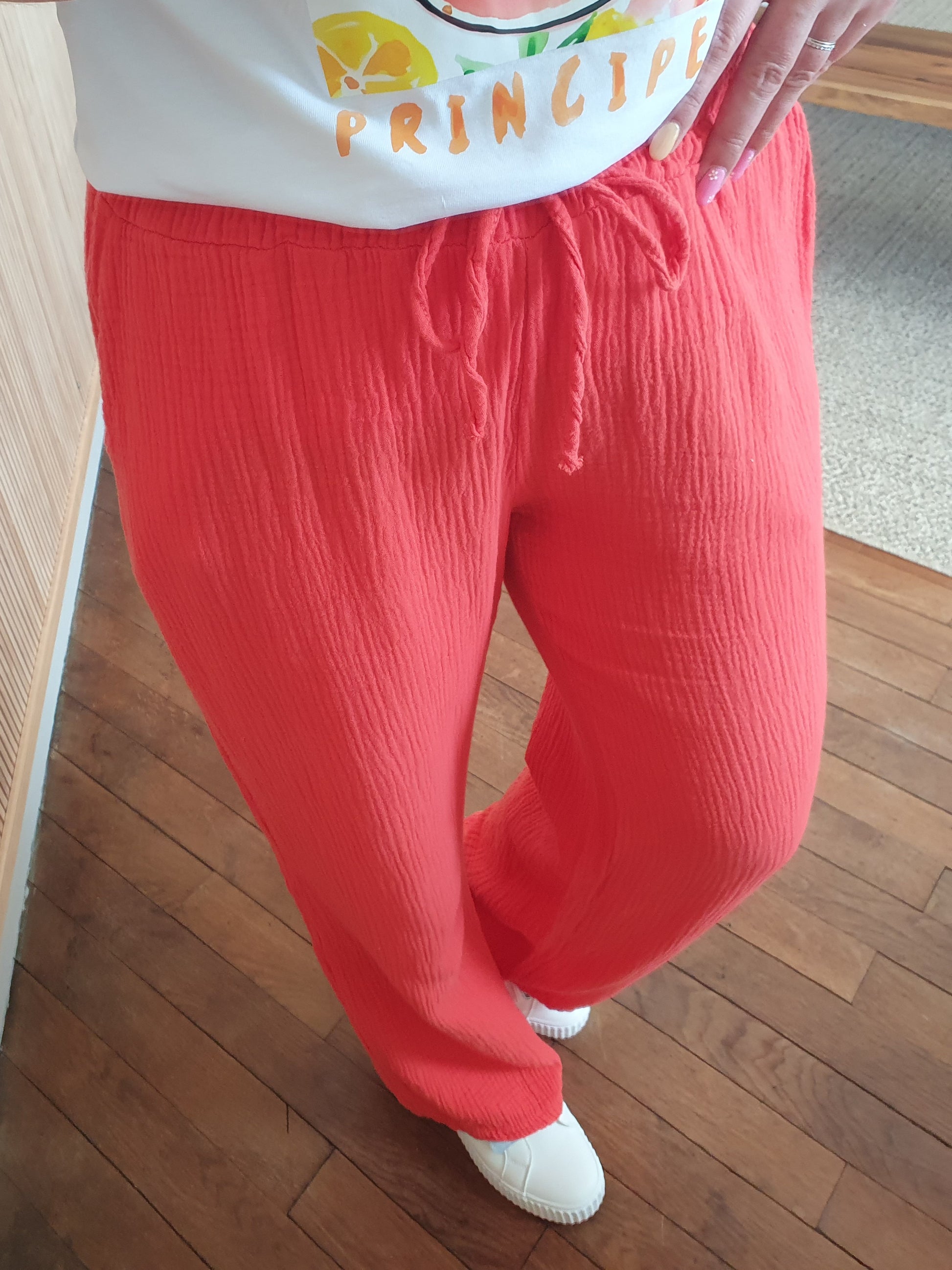 Pantalon gaze de coton couleur corail taille unique femme