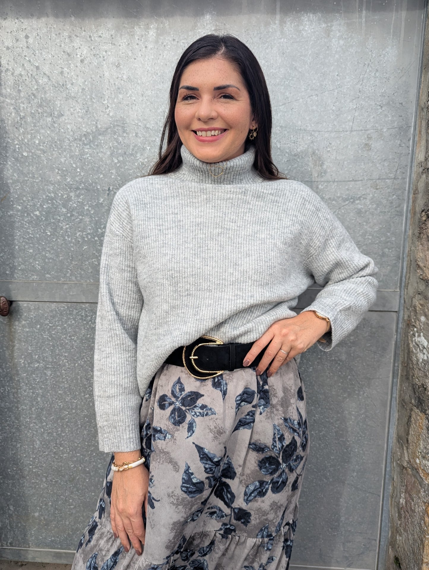 Pull oversize à col roulé gris chiné femme tout doux