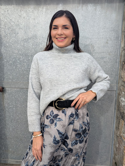 Pull oversize à col roulé gris chiné femme tout doux
