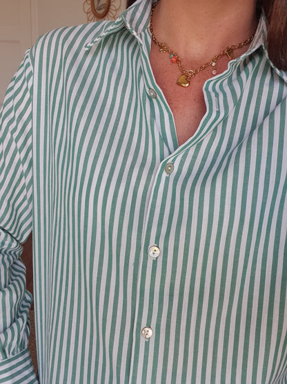 Chemise rayée vert et blanc coupe droite oversize fluide