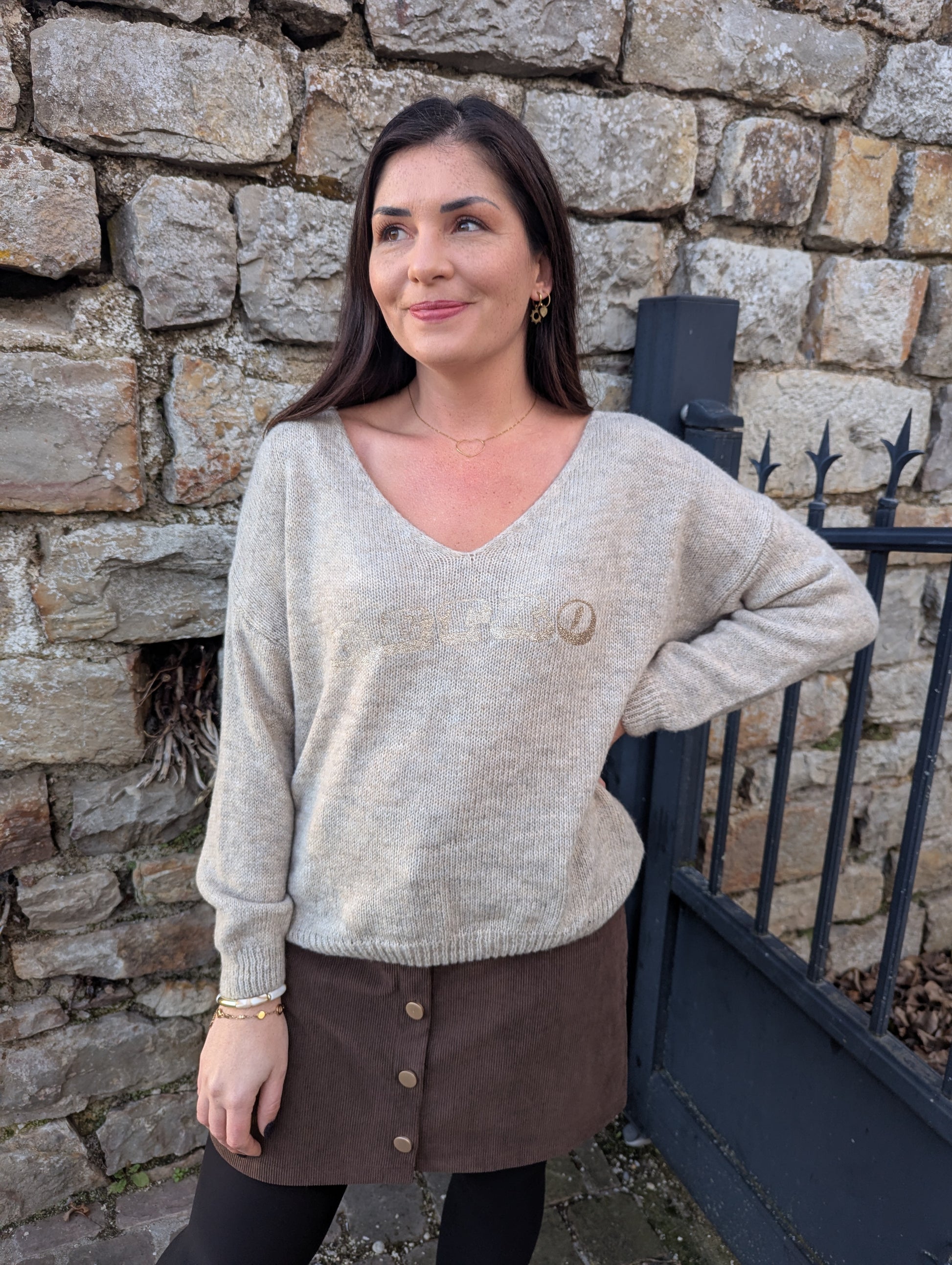 Pull oversize beige chiné et doré rétro