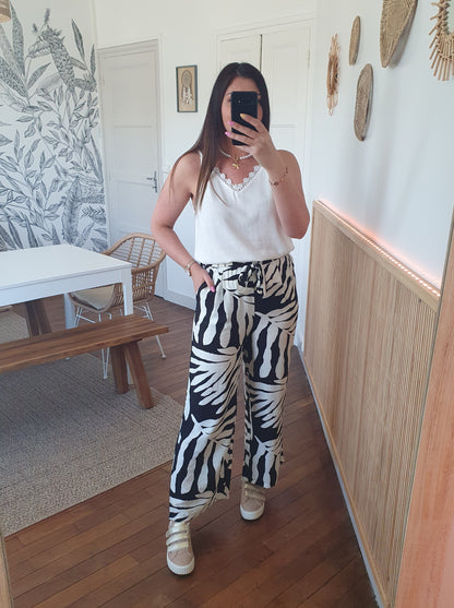 Pantalon fluide feuilles écru noir taille haute noeud devant