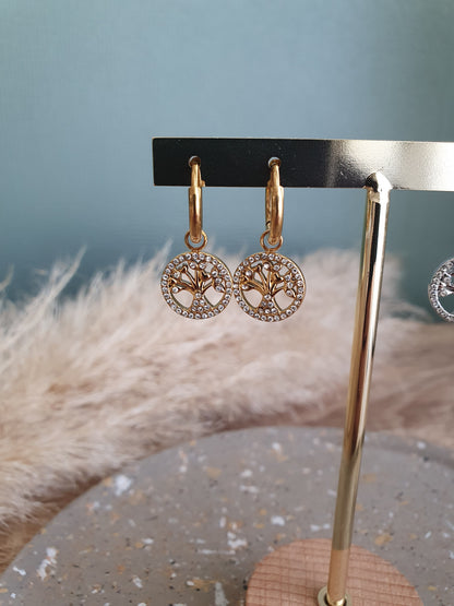 Boucles d'oreilles créoles arbre de vie doré argenté femme