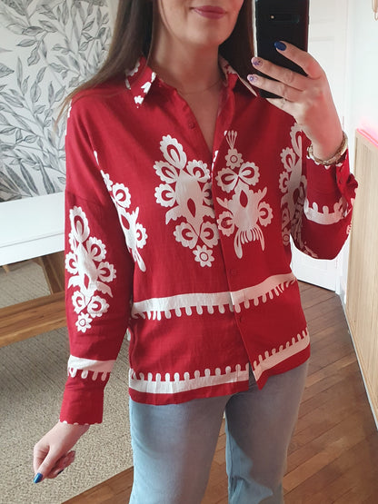 Chemise femme bordeaux et blanc matière fluide