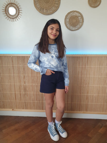 Sweat tie and dye bleu et blanc effet délavé pour fille