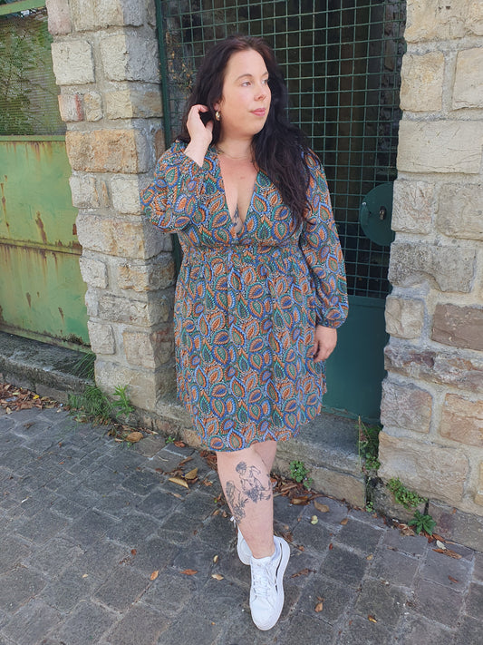 Robe manches longues vert et camel feuilles collection curvy