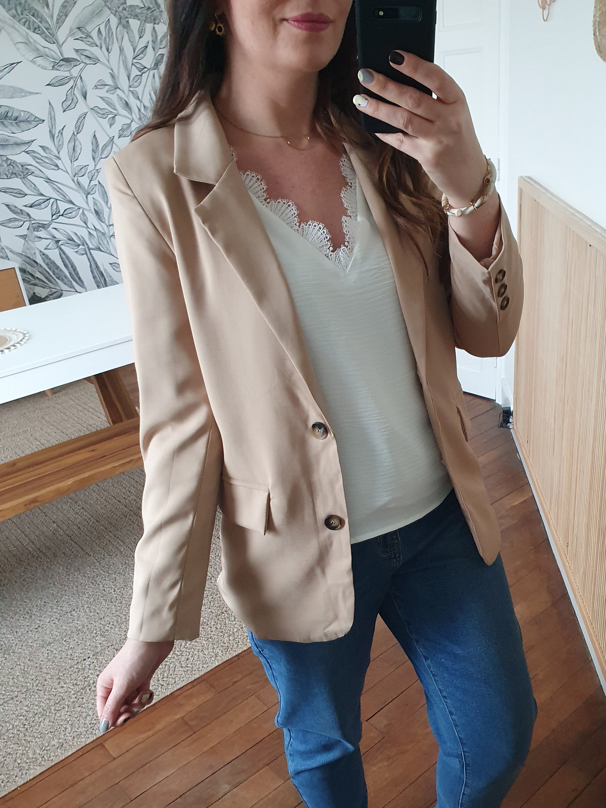 Veste blazer femme beige camel fluide avec boutons