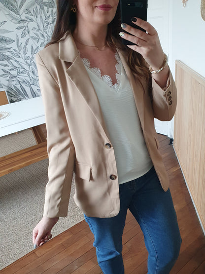 Veste blazer femme beige camel fluide avec boutons