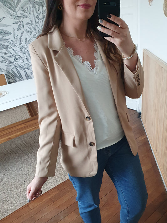 Veste blazer femme beige camel fluide avec boutons