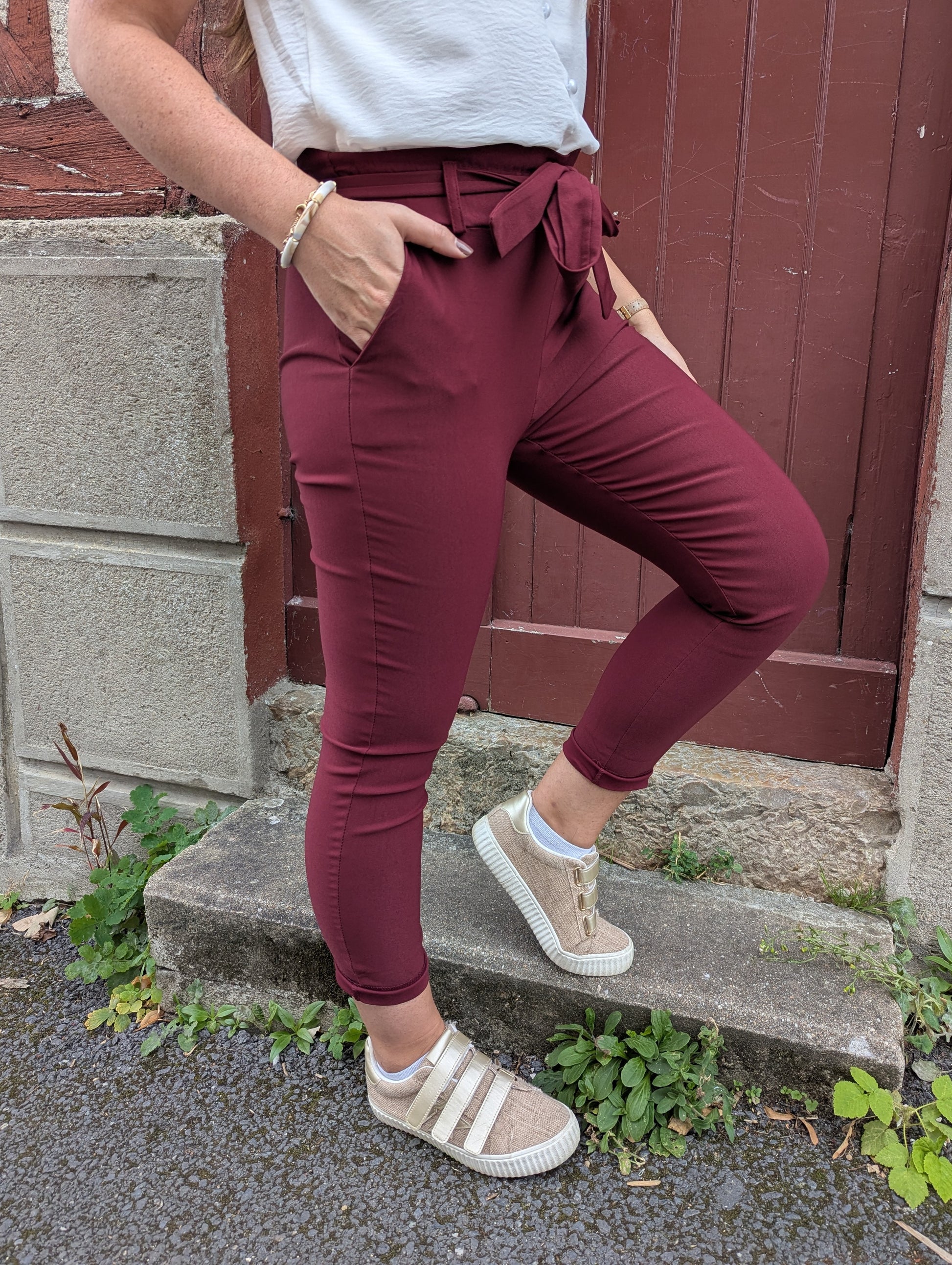 Pantalon paperbag bordeaux taille haute élastique
