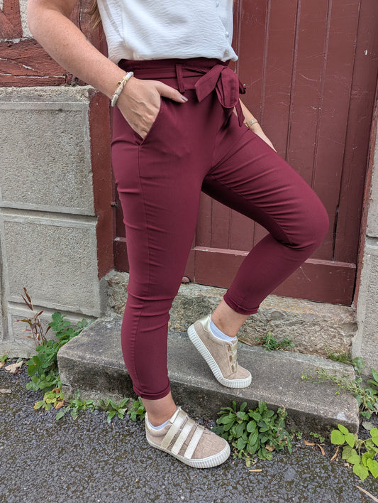 Pantalon paperbag bordeaux taille haute élastique