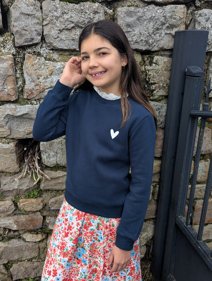 Sweat bleu marine avec col dentelle blanche pour fille