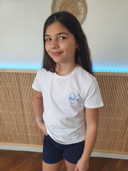 T-shirt enfant chaton blanc et bleu col rond