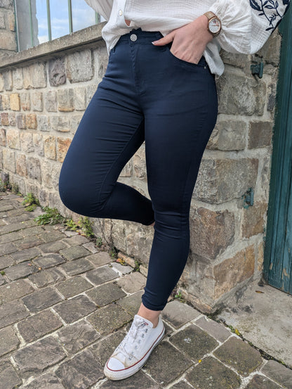 Jean pantalon skinny bleu marine effet peau de pêche