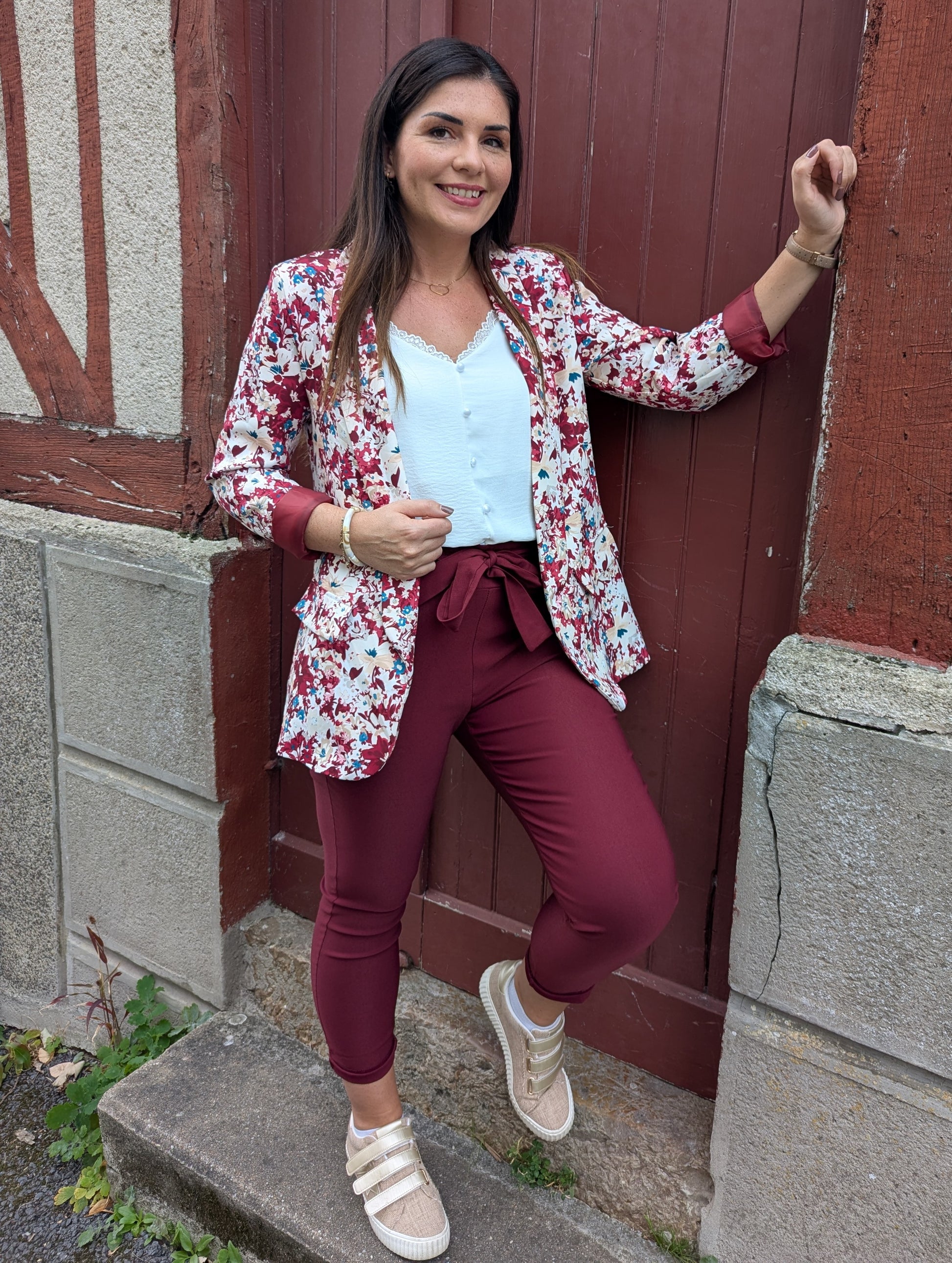 Pantalon paperbag bordeaux taille haute élastique