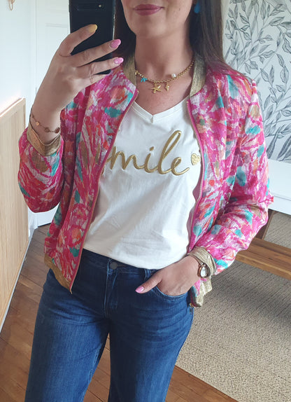 Bomber femme rose multicolore avec détails dorés poches