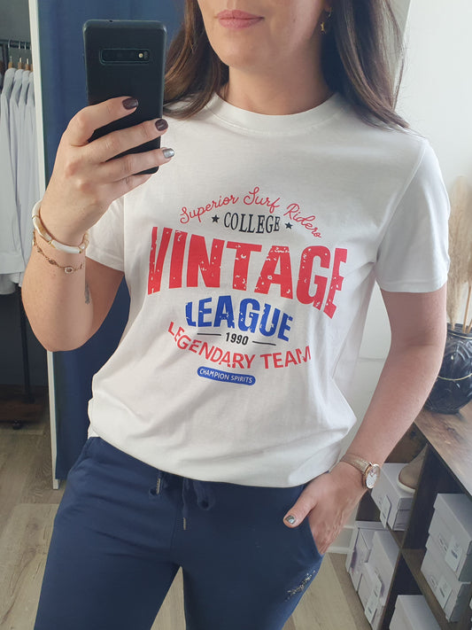 T-shirt Vintage league blanc bleu rouge col rond pour femme