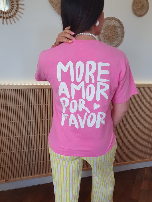 T-shirt oversize more amor por favor rose et blanc au dos