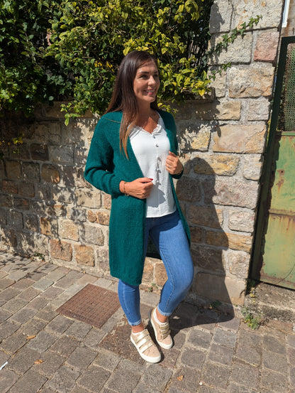 Gilet long vert menthe avec étoiles aux coudes