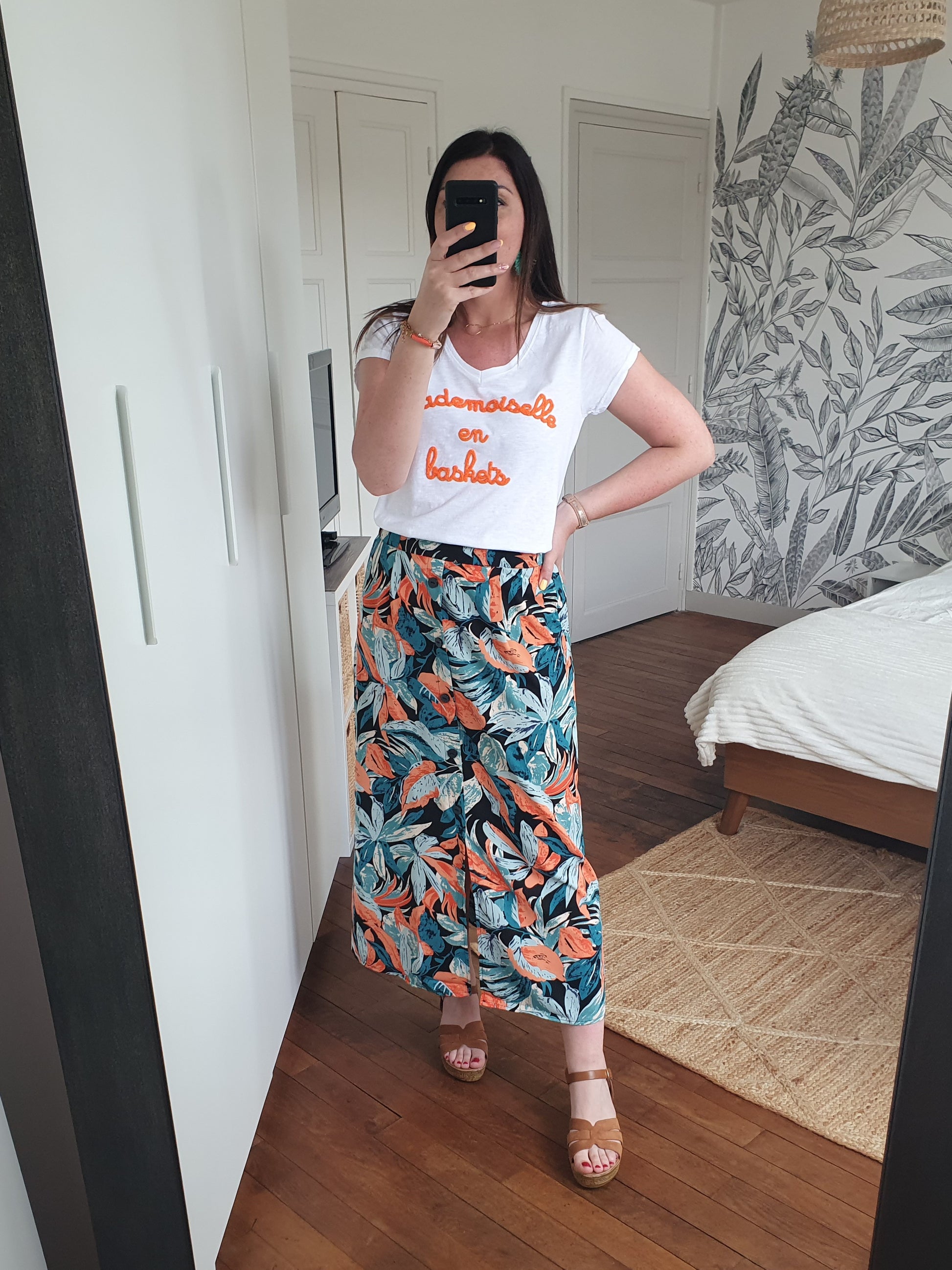 Jupe longue feuilles tropical noir orange vert avec boutons