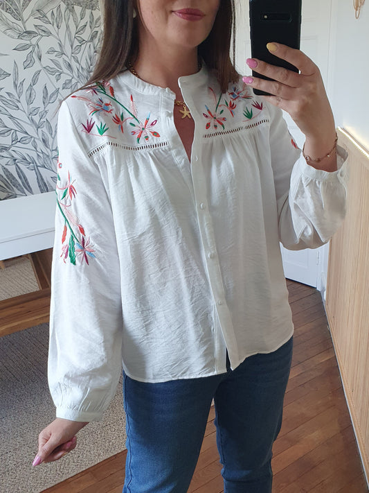 Blouse blanche broderies multicolore pour femme